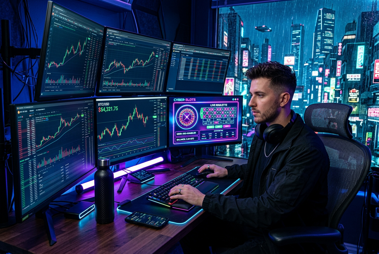Gracz analizujący wykresy bitcoina przed sesją w kasynie kryptowalutowym