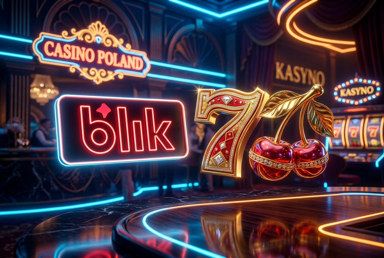 Logo BLIK obok złotych symboli automatów do gry w luksusowej oprawie neonowej