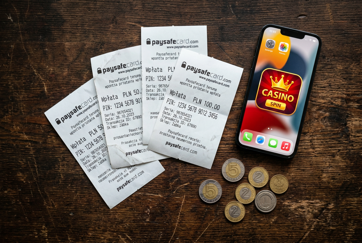 Kupony Paysafecard obok smartfona z aplikacją kasynową
