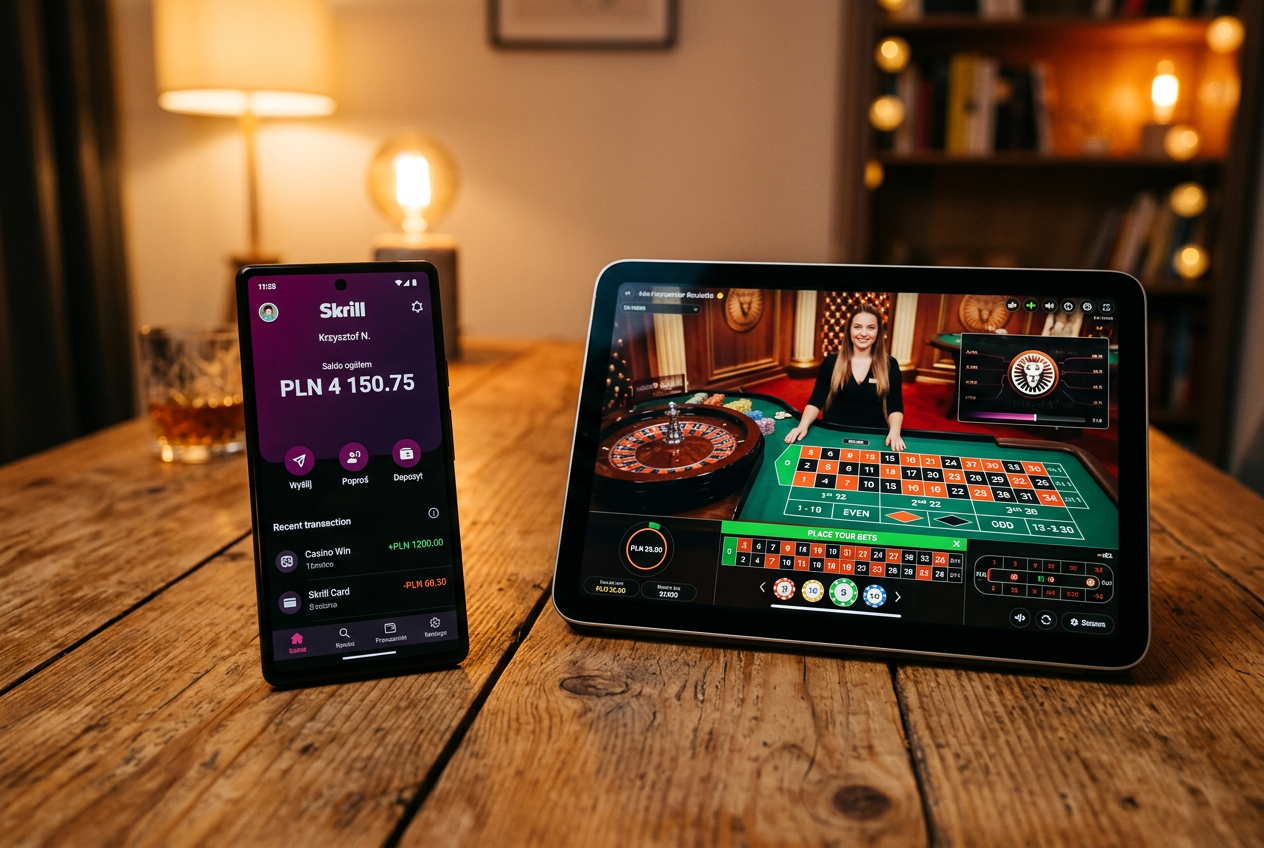 Mobilna aplikacja Skrill otwarta na smartfonie obok laptopa z widocznym lobby kasyna